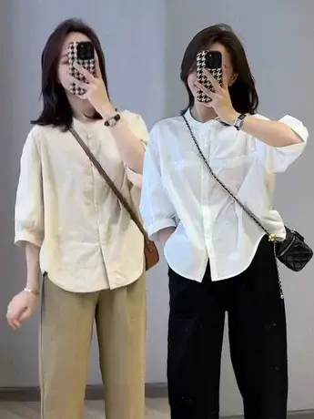 圆领纯色衬衫女2023年春夏装新款宽松短款时尚洋气七分袖衬衣上衣图片