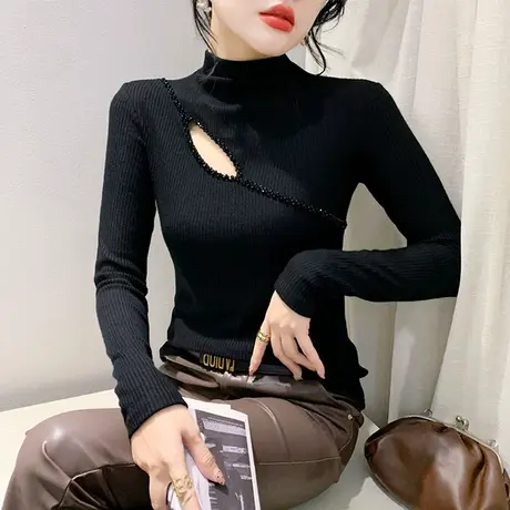 欧货复古烫钻T恤女长袖性感镂空立领上衣洋气修身个性百搭打底衫商品大图