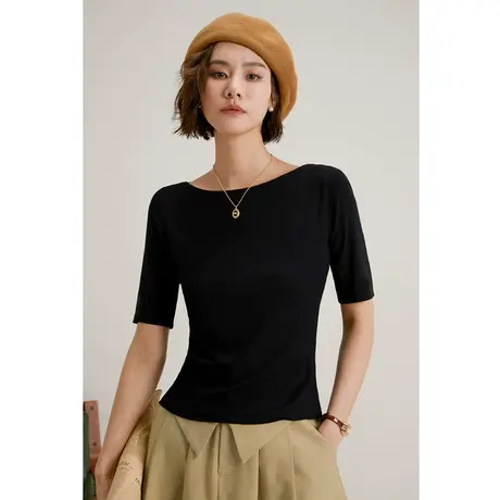 弥古黑色一字领针织上衣修身短袖女春秋法式中袖t恤五分袖打底衫商品大图