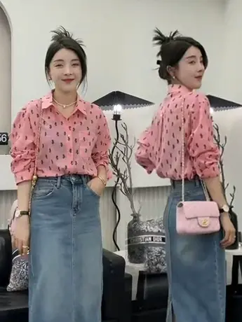 粉色小碎花微透长袖衬衫女2023春季新款复古洋气别致漂亮小衫上衣商品大图