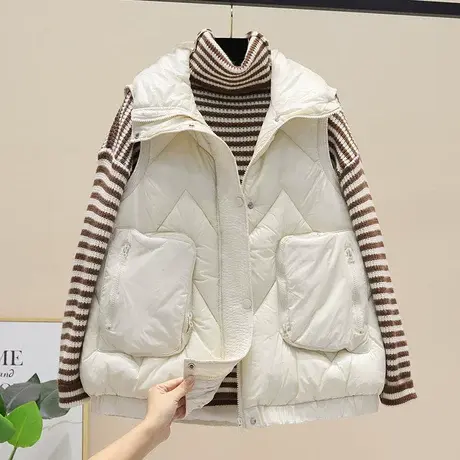 羽绒棉马甲女款外穿欧洲站轻薄韩版米白色无袖外套羽绒棉服马夹潮图片