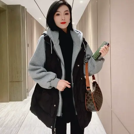 羽绒棉服设计感小众假两件港风chic棉马甲拼接卫衣袖工装棉衣外套图片