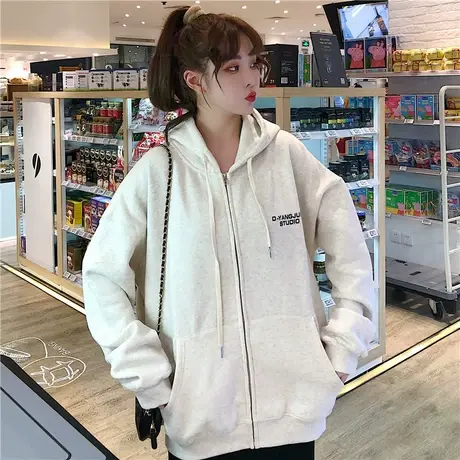 waitmore卫衣女2019新款潮ins韩版宽松bf慵懒风加绒加厚拉链外套商品大图