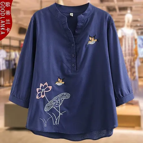 加肥加大码衬衫女遮肚子夏装宽松洋气中年妈妈绣花七分袖棉麻上衣商品大图