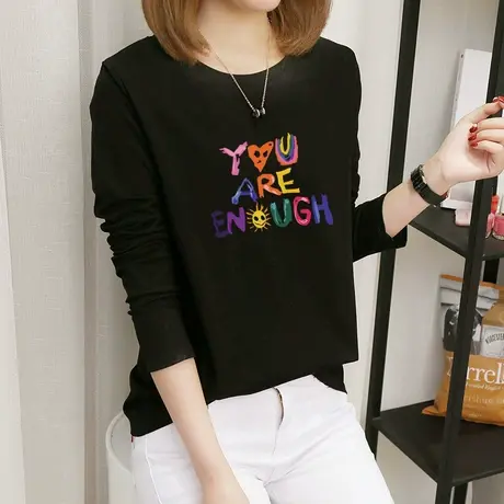 黑色t恤女纯棉百搭上衣服宽松秋装2022新款长袖内搭打底小衫秋衣图片