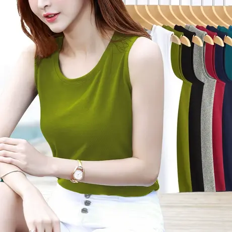 芥绿色夏季打底背心直筒款修身上衣宽肩带坎肩无袖小清新女士内搭图片