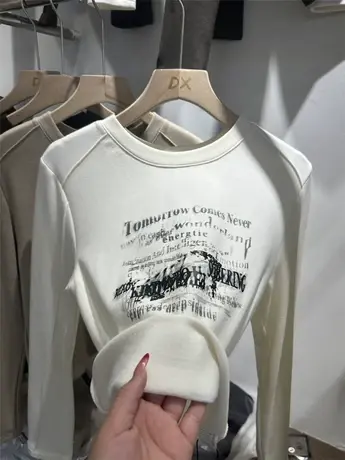 韩版字母印花长袖T恤女2023冬季新款圆领加薄绒打底衫修身ins上衣商品大图