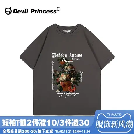 vintage美式街头复古风深灰色短袖女宽松大版下衣失踪ins潮牌上衣商品大图