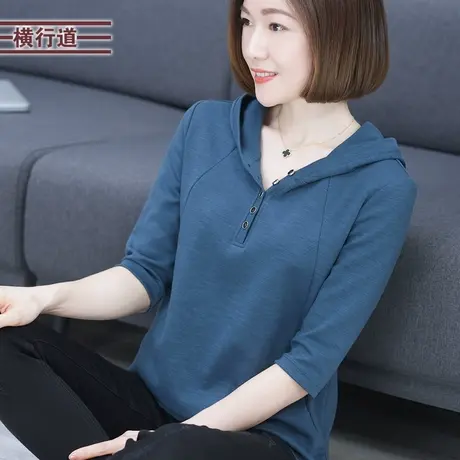 2025新款春季纯棉大码胖mm中年妈妈中袖T恤女装连帽上衣七分袖商品大图