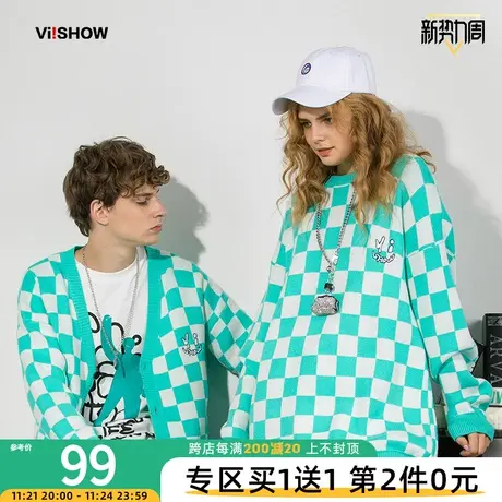 VIISHOW棋盘格圆领毛衣男士秋冬潮牌ins慵懒风情侣宽松长袖针织衫商品大图