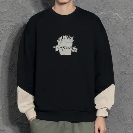 秋冬灯芯绒拼接小清新印花圆领卫衣男宽松假两件百搭加绒休闲外套商品大图