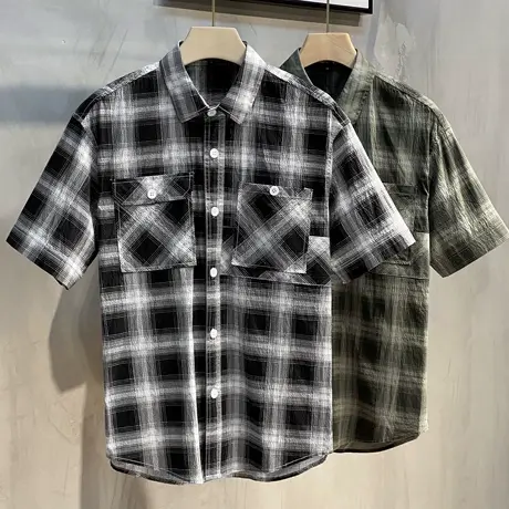 2023夏季薄款短袖格子衬衫男式韩版潮流日系工装格纹衬衣半袖上衣商品大图