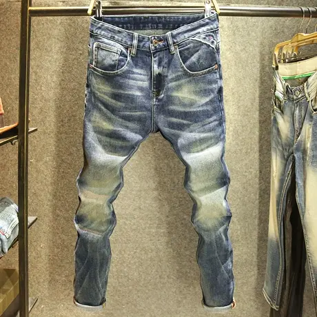 美式复古高端水洗牛仔裤男修身小直筒弹力长裤潮牌怀旧风耐磨裤子商品大图