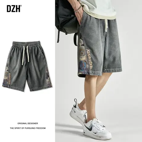 男士拼接刺绣牛仔短裤男夏季五分裤休闲宽松马裤大裤衩半截裤中裤商品大图