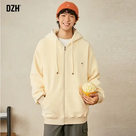 男士杏色开衫卫衣男连帽宽松上衣秋装男装休闲运动摇粒绒外套春秋商品大图
