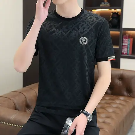 男士短袖t恤男冰丝夏季高端圆领薄款大码体恤衫男装休闲上衣潮T恤商品大图