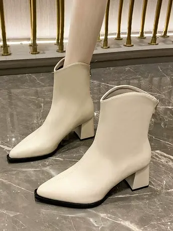 米白色短靴女秋冬韩版新尖头气质后拉链粗跟羊纹弹力靴显瘦裸靴图片