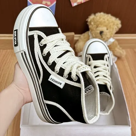 春秋新款高帮帆布鞋女韩版潮厚底休闲百搭校园风甜美小白鞋板鞋女图片