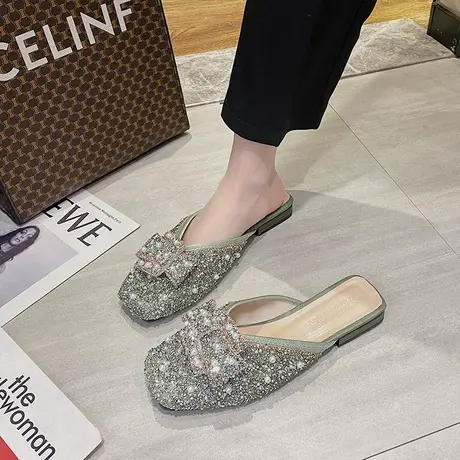 包头半拖鞋女夏外穿2024新款珍珠水钻时尚百搭平底懒人穆勒凉拖鞋商品大图