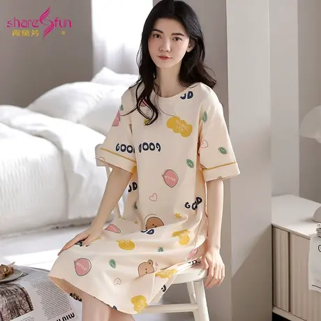 sharefun/霞黛芳【纯棉睡裙】休闲圆领短袖宽松可外穿家居服女士商品大图