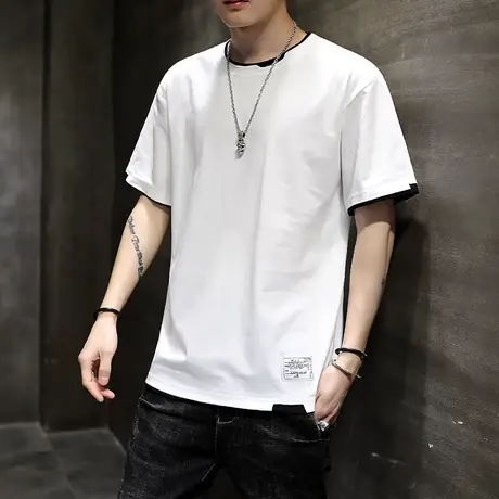 假两件短袖T恤男士青年纯色纯棉圆领打底衫透气夏季新款高端潮流t商品大图