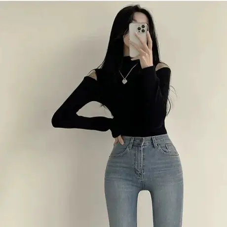半高领德绒T恤女上衣秋冬新款设计感露肩修身显瘦气质长袖打底衫商品大图