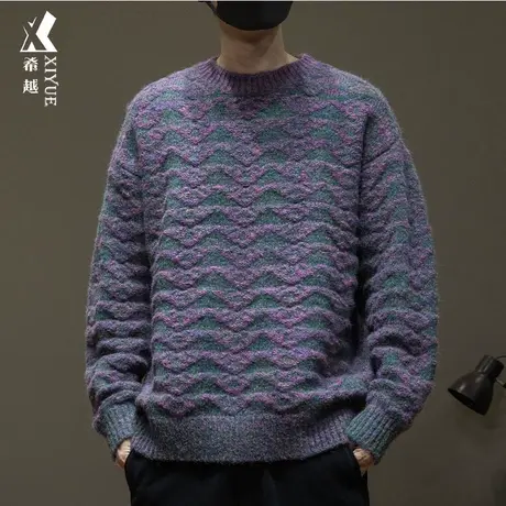 希越重磅粗线圆领毛衣男2023秋冬日系复古羊毛针织衫宽松大码上衣商品大图