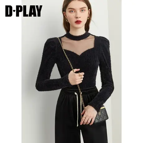 DPLAY秋新轻奢微醺网纱立体蓬松绒毛感套头弹力打底衫图片
