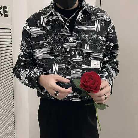 2023秋季新品涂鸦印花长袖衬衫痞帅炸街设计感潮流发型师衬衣上衣商品大图