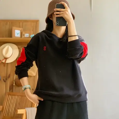 dza 复古双面绒拼接加厚连帽卫衣女秋冬内搭加绒宽松休闲长袖外套图片