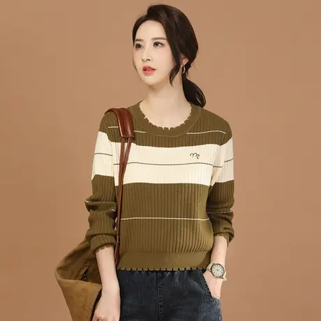 韩潮袭人撞色圆领条纹针织衫女204春新款百搭宽松休闲毛衣上衣商品大图