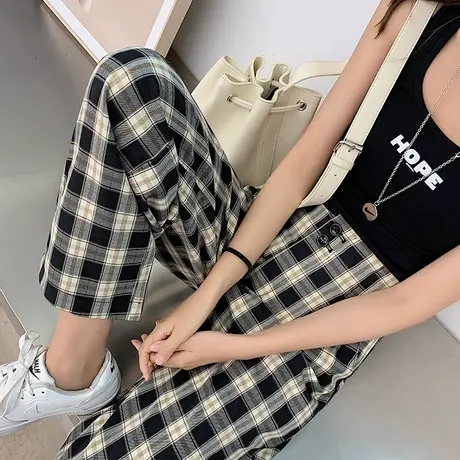 2023秋季薄款高腰复古格子直筒裤女休闲百搭宽松显瘦阔腿裤拖地裤图片