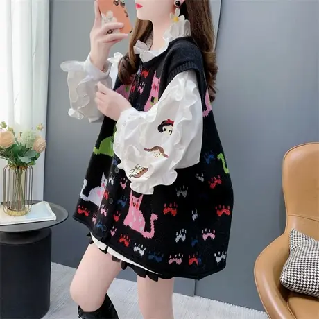 复古针织马甲背心女春季2024新款宽松猫咪设计感无袖毛衣开衫背心商品大图