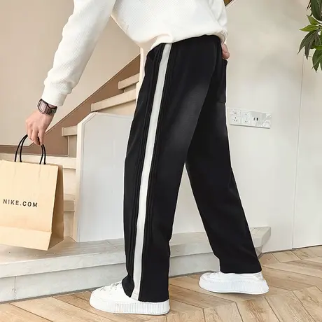 设计感渐变加绒休闲裤男冬季2024新款潮流韩版宽松拼色直筒卫裤商品大图