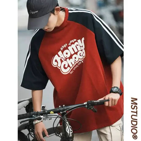 潮牌夏季短袖t恤男美式高街复古撞色涂鸦半截袖宽松潮流纯棉上衣商品大图