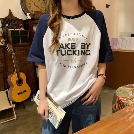 唐狮短袖T恤女夏2024新款复古美式插肩袖上衣女体恤设计感小众1.3商品大图