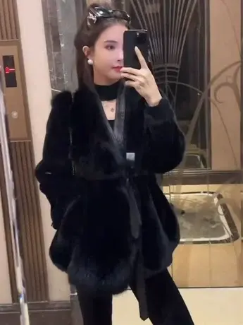 高端仿水貂毛毛显瘦外套女冬季显瘦洋气黑色腰带保暖毛毛外套女潮图片