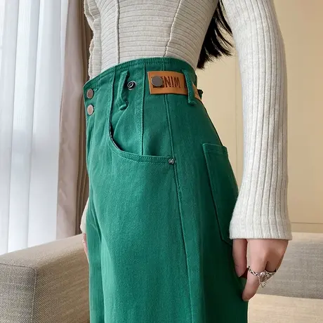 绿色哈伦牛仔裤女2024年春秋款高腰显瘦百搭直筒小个子老爹萝卜裤图片