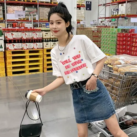 唐狮新款短袖女T恤衫纯棉2023夏季白色上衣女小众设计感体恤学生f商品大图
