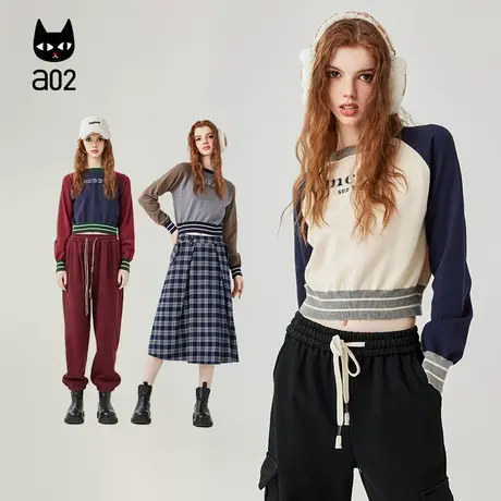 a02【暖墨镜】2024春季新款拼接撞色卫衣美式辣妹短款露脐上衣商品大图