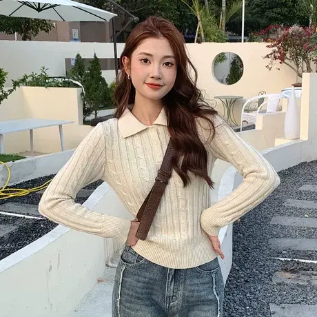 尔给早春短款针织衫内搭打底衫女2023新款秋冬设计感别致polo上衣商品大图
