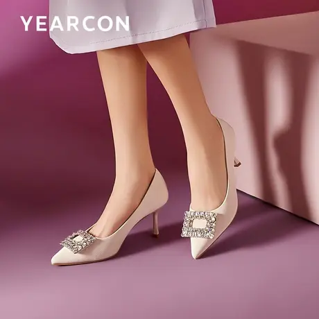 意尔康法式气质细跟高跟鞋女2025新款春尖头方块水钻单鞋白色婚鞋图片