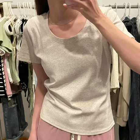 早春夏装半袖T恤女2024新款修身韩版打底衫内搭U领正肩短袖上衣服商品大图