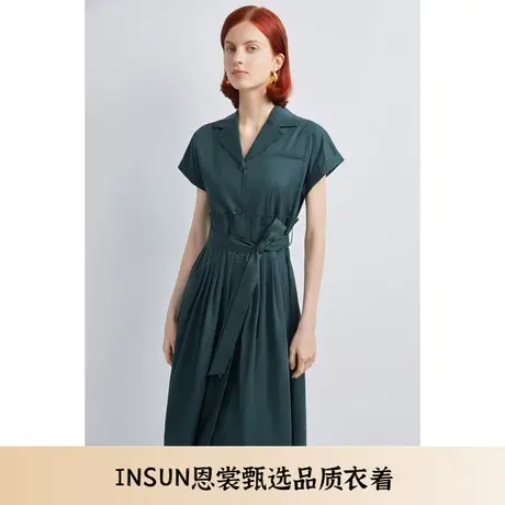 INSUN恩裳秋季细褶廓形下摆收腰纯棉连衣裙图片