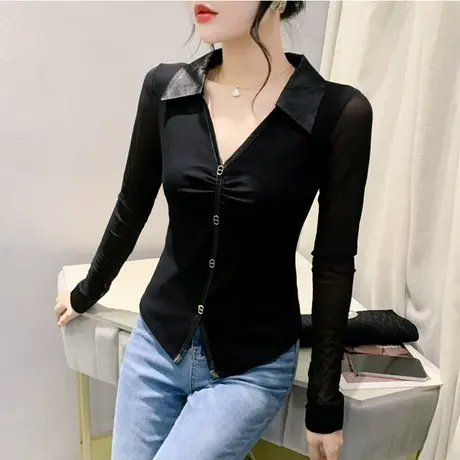 不规则开叉T恤ins潮设计感小众褶皱上衣洋气百搭打底衫女拼接长袖商品大图