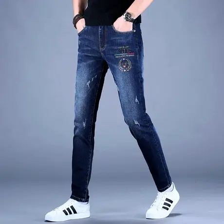 男士刺绣牛仔裤男秋款男款2023新款修身小脚潮牌休闲裤子高档品牌图片