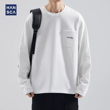 hansca重磅纯棉刺绣长袖T恤男款秋季日系cityboy圆领潮牌宽松上衣商品大图