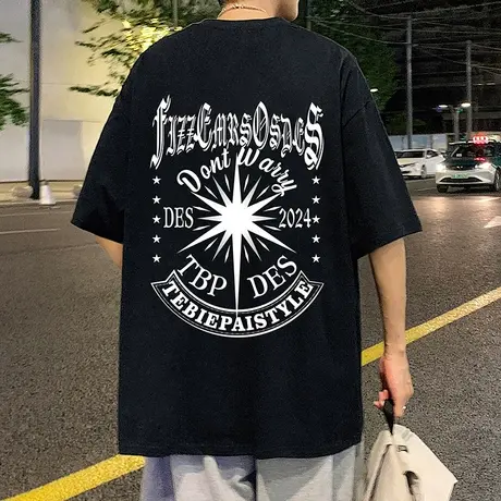 纯棉短袖t恤男2024新款夏季美式字母宽松圆领体恤ins运动潮牌半袖商品大图