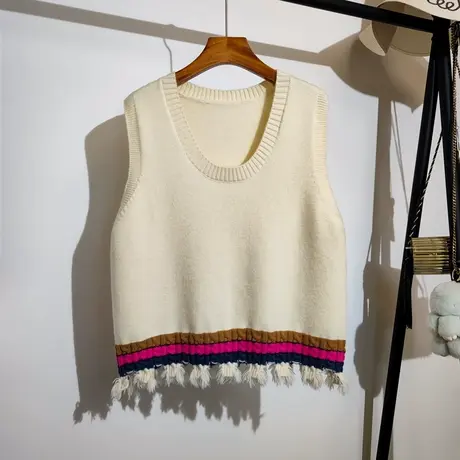 流苏针织马甲女春秋新款宽松设计感小众无袖坎肩毛衣背心上衣外穿商品大图