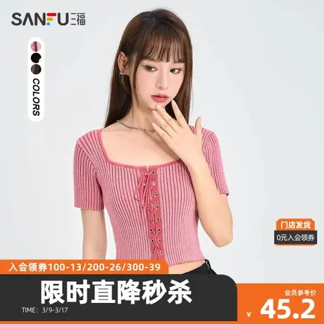 三福毛衣2023秋抽绳撞色圆领短款辣妹纯棉上衣女装473869商品大图
